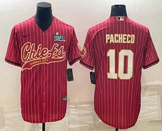 Mens Kansas City Chiefs #10 Isiah Pacheco Red Pinstripe With Super Bowl LVII Patch Cool Base Stitched Baseball Jersey